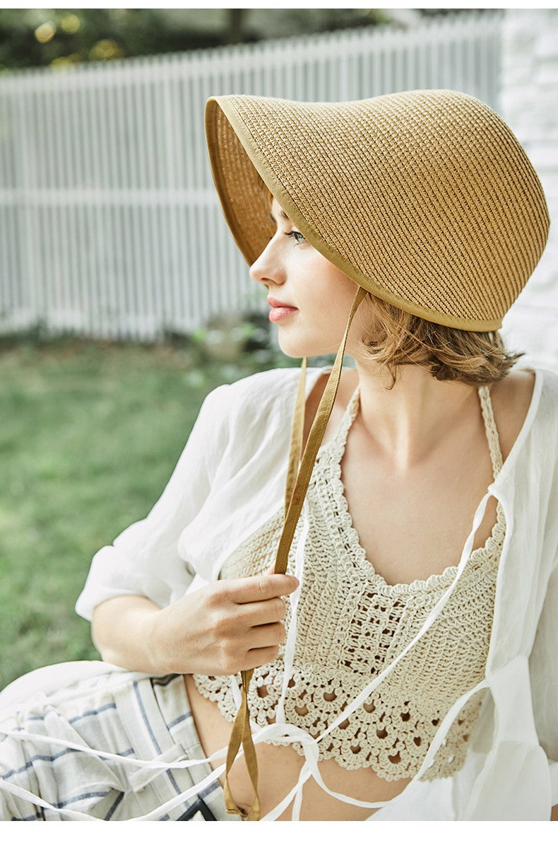 Chapéus de Sol de Festa Femininos FS Fashion Straw Regency Bonnets Hats para Mulheres Chapéu de Praia com Laço e Aba Grande Chapéu Cloche Fedora Chapeau Femme
