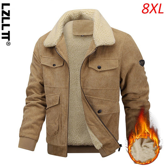 Winter Men Fleece Casual Corduroy Jacket Coat Man Thick Vintage Lapel Jacket Parka Man Cargo Classic Sherpa Jacket Plus Size 8XL