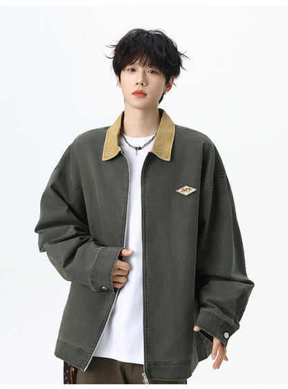 Maxbarley Trendy Cotton Jacket Men Autumn 2025 Hip-Hop Stitching Windproof Lapel Jackets K-Pop Antique Washed Motorcycle Coat