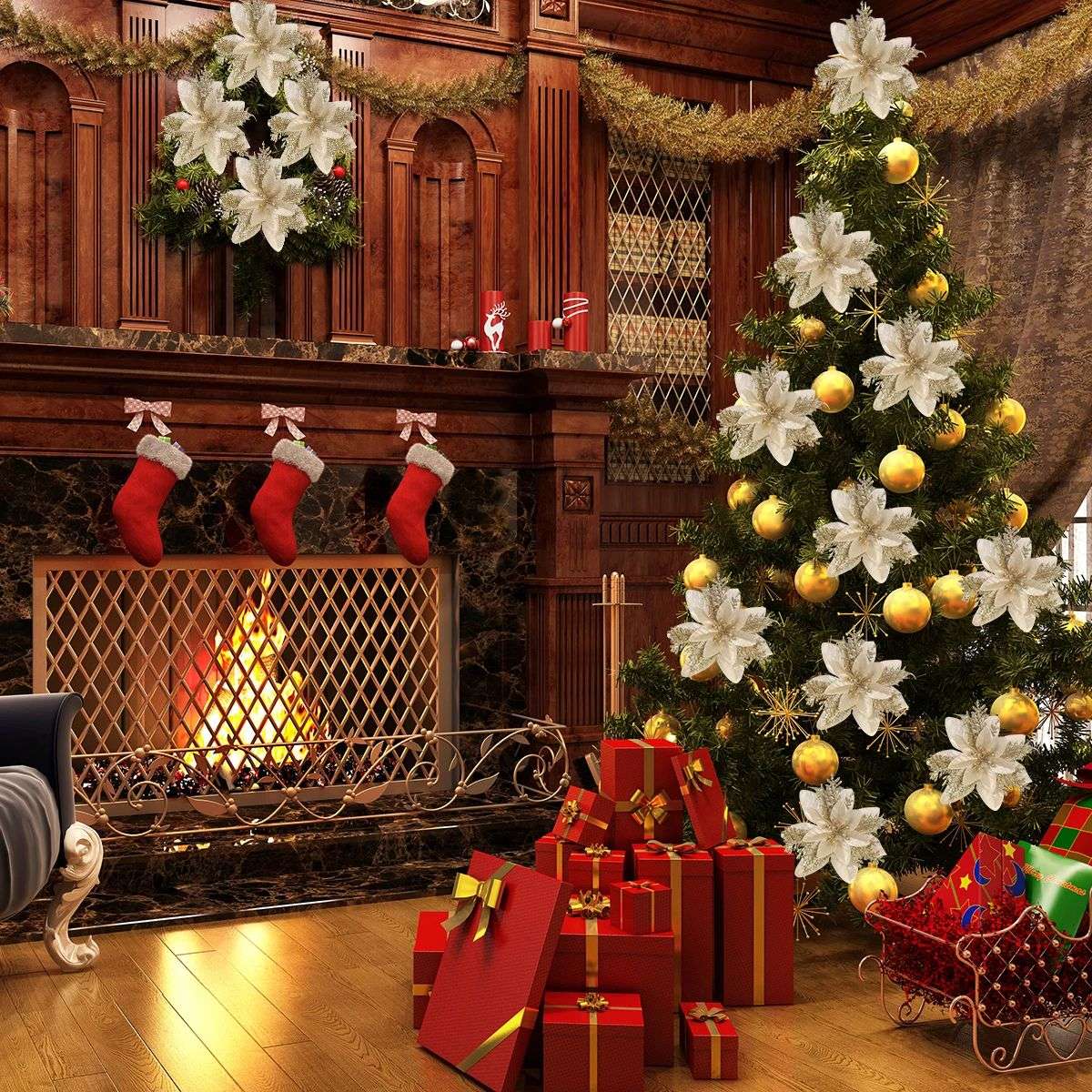 1/5/10pcs Sparkling Red Golden Silver Poinsettia Artificial Flowers Christmas Tree Ornaments for Xmas New Year party Decoration