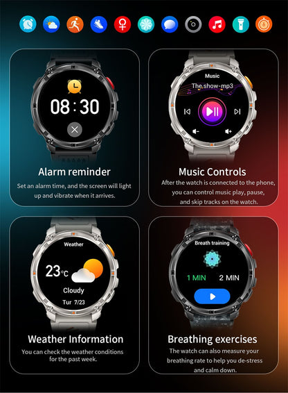 Smartwatch Masculino 2026 Novo Militar 1100mAh Bateria Tela AMOLED 1.7" Bússola GPS Lanterna Chamada Bluetooth 5ATM Natação