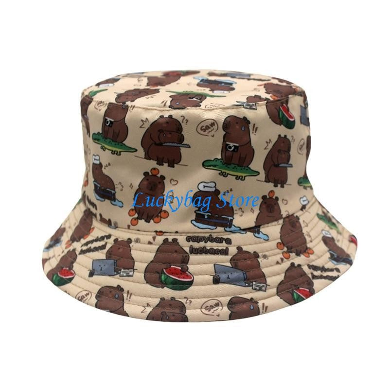 X7XE Trendy Capybara Pattern Fisherman Hat Beach Vacation Bucket Sunshade Hat for Animal Lover and Trendsetters