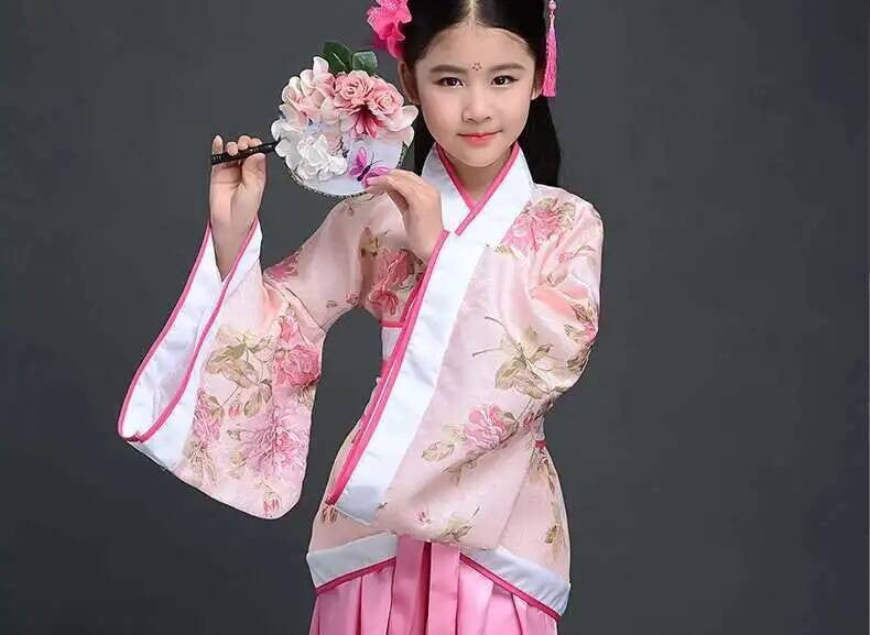 Hanfu Chinese Costume Girls Children Kimono Traditional Vintage Ethnic Fan Students Dance Halloween Japanese Yukata Kimono Style
