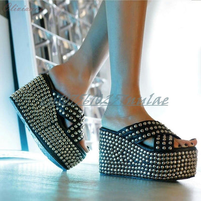 Punk Cool Style Many Round Metal Rivets Decor Slippers Wedges High Heel Cross Tied Sexy Women Shoes 2025 Zapatos Para Mujere