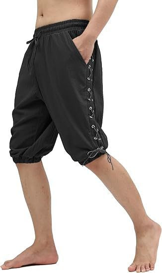 Men's Pirate Shorts Renaissance Medieval Vintage Lace-Up Viking Navigator Halloween Costume Pants