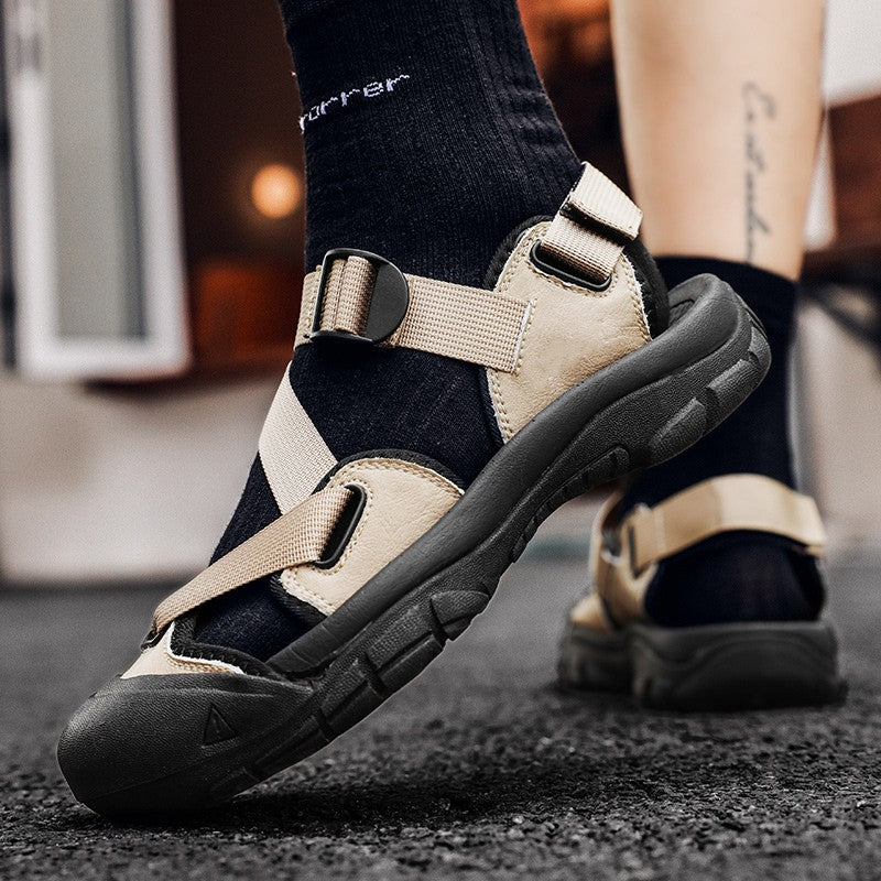 Sandals for Men's Summer New Cowhide Casual Beach Shoes, Genuine Leather for Men's Anti Slip Middle-aged Sandals and Slippers