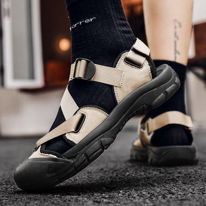 Sandals for Men's Summer New Cowhide Casual Beach Shoes, Genuine Leather for Men's Anti Slip Middle-aged Sandals and Slippers