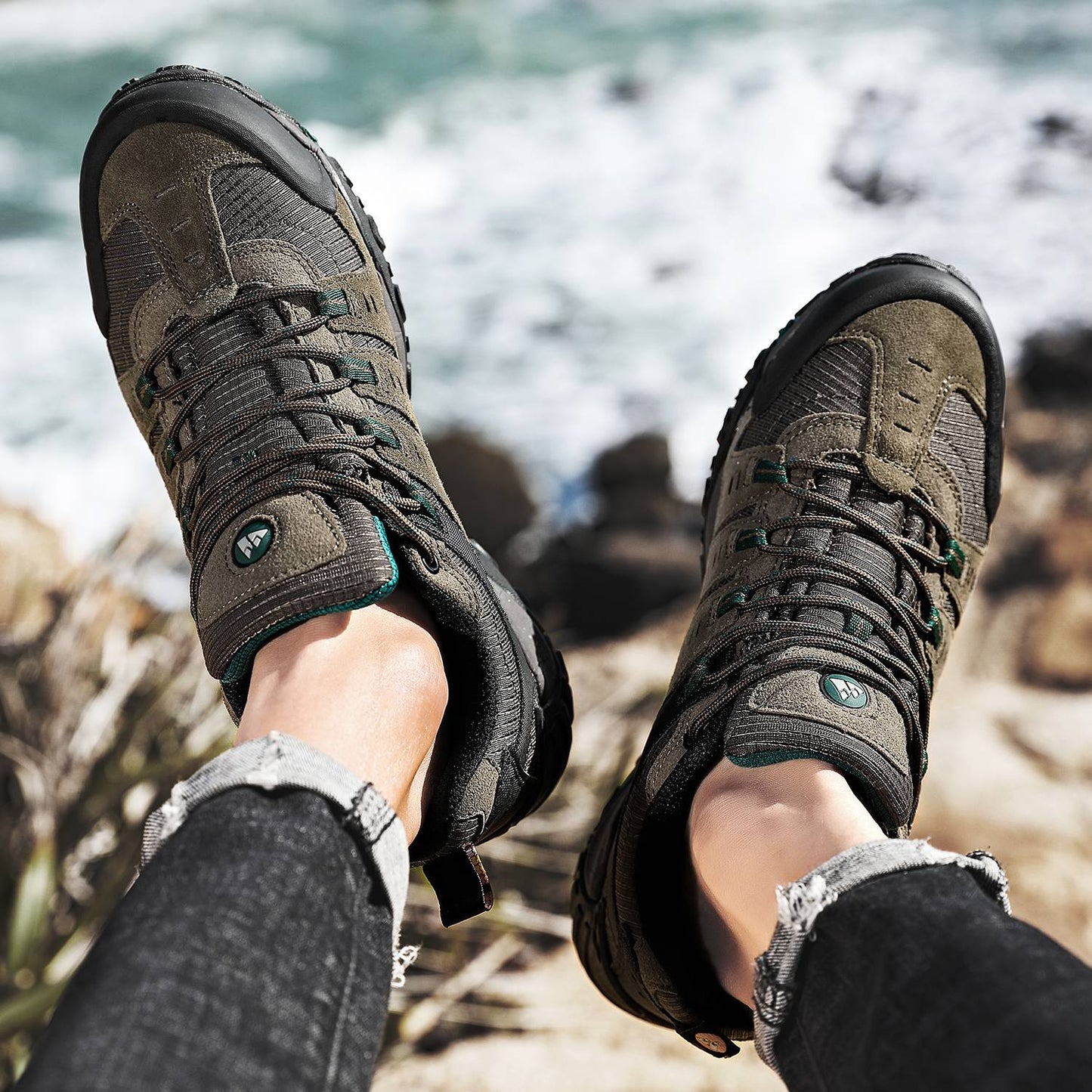 HIKEUP Tênis Masculino de Caminhada em Couro Camurça, Calçados Outdoor Resistentes ao Desgaste Masculinos para Trekking, Caminhada, Caça e Tênis Táticos