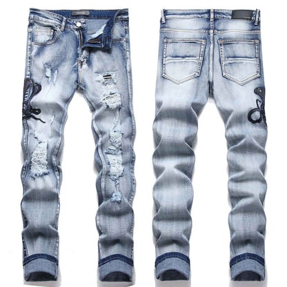 Blue Eyed Snake Embroidery Street Style Jeans For Teenagers Elastic Waist Cotton Material Casual Scene Suitable