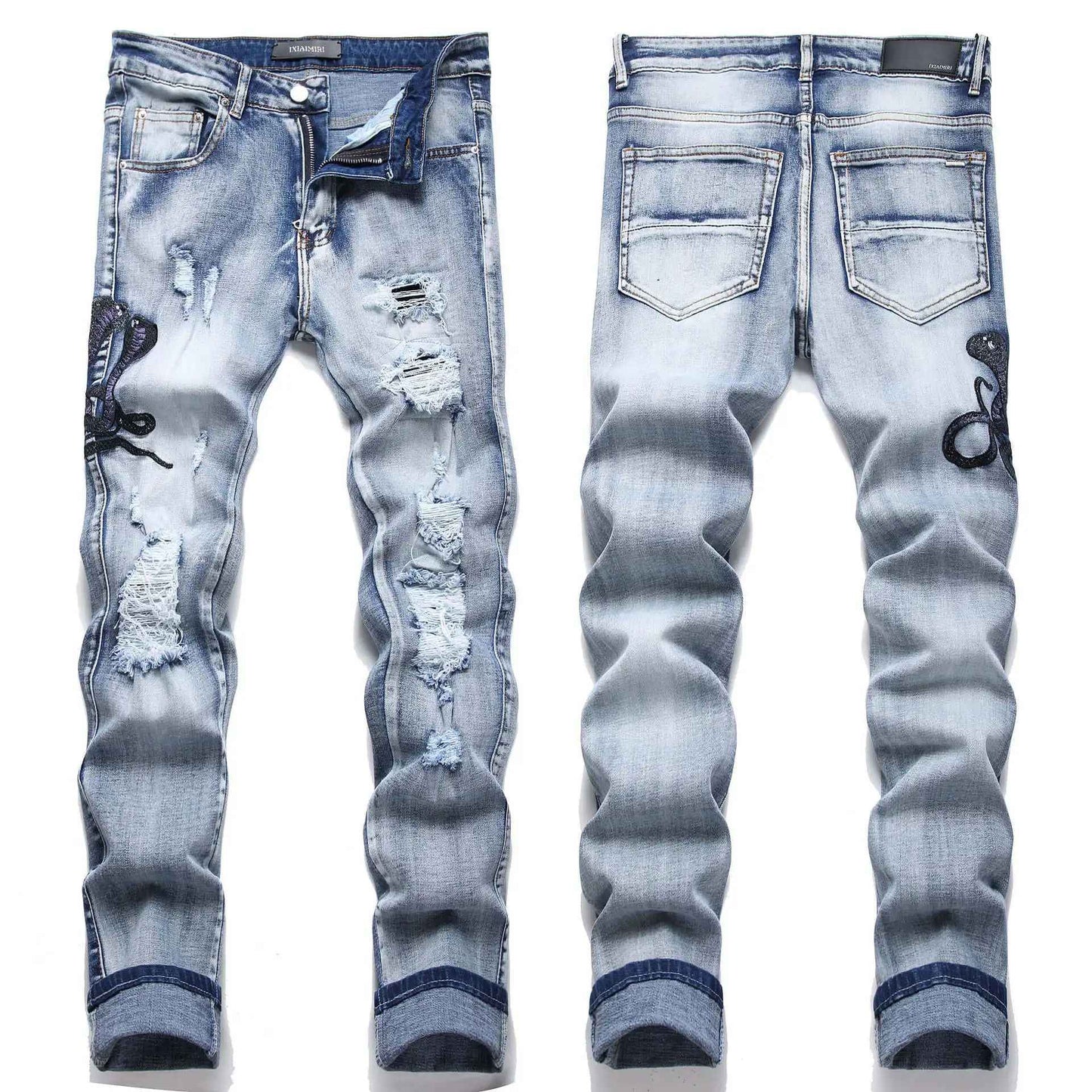 Blue Eyed Snake Embroidery Street Style Jeans For Teenagers Elastic Waist Cotton Material Casual Scene Suitable