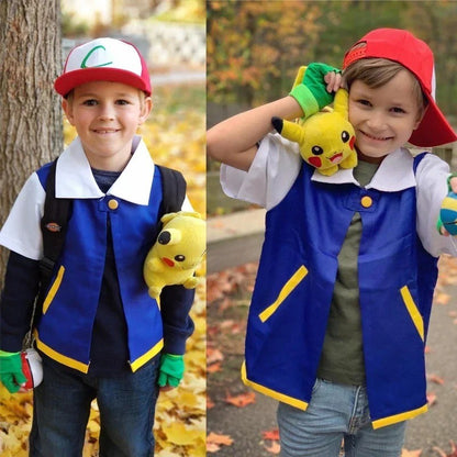 Halloween Cosplay Costume Anime Ash Ketchum Trainer Party Blue Jacket Cap Gloves Sets Theme Party Role Playing Outfits