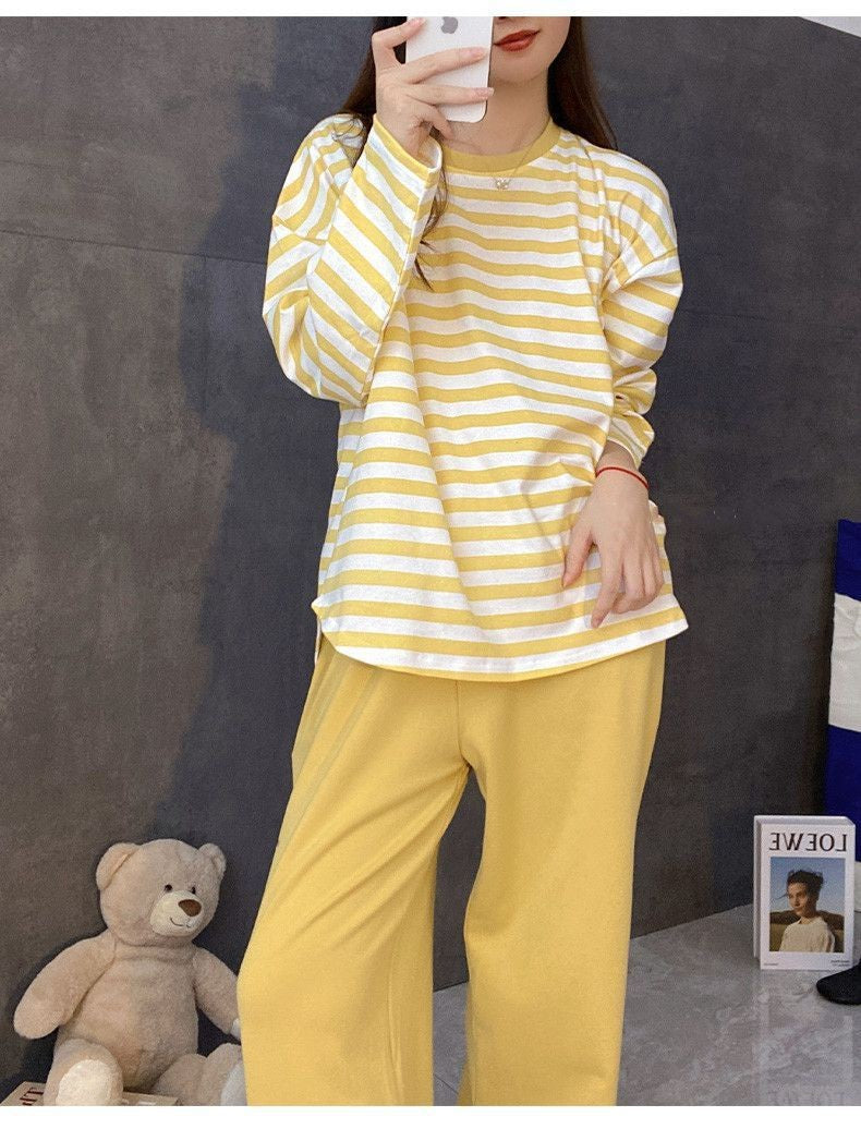Women's Fall Pajamas with Chest Pads Striped Long Sleeve Plus Size O-Neck Simple Casual Fashion Korean School Pajamas Homewear