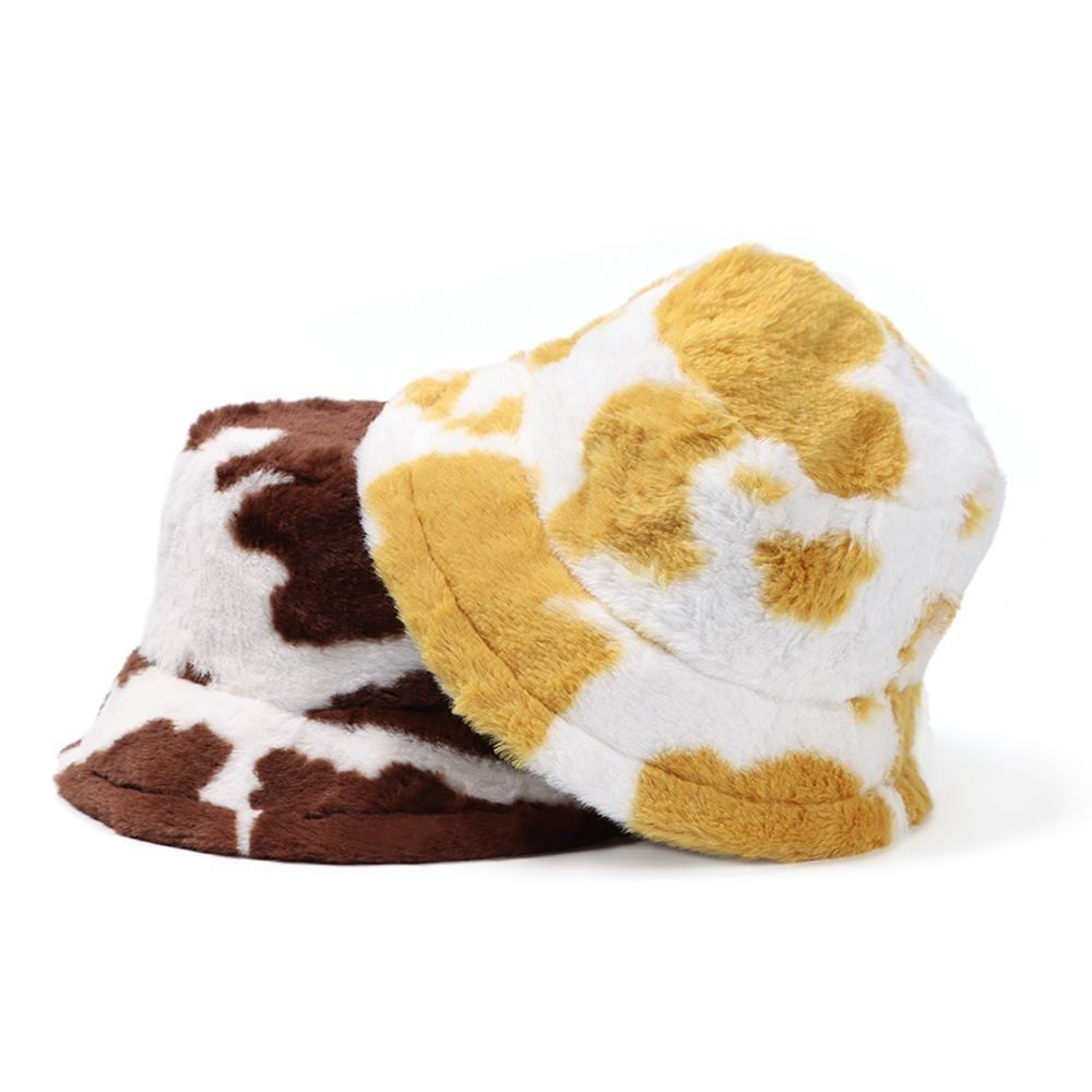 Winter Bucket Hat Women's Fashion Milk Cow Grain Panama Warm Hats Female Vintage Faux Fur Fisherman Cap Hats For Women Casual