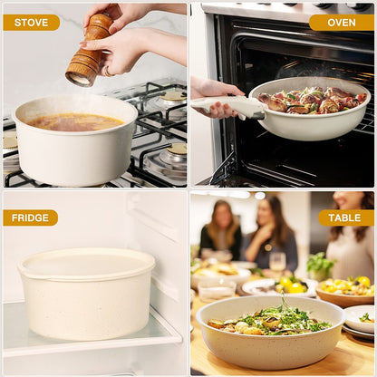 Conjunto de Panelas de 21 Peças Antiaderente, Conjunto de Utensílios de Cozinha de Cerâmica Astercook com Cabos Sensores, Branco Leitoso