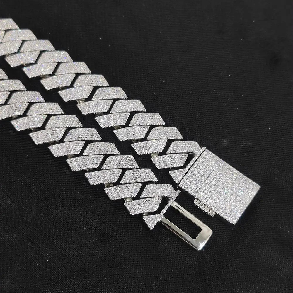 Colar Masculino/Feminino Folheado a Ouro Branco/18k com Corrente Cubana Grossa de 15mm com Duas Fileiras de Zircônias Cravejadas, Joia de Hip Hop com Zircônias Cravejadas, Presente