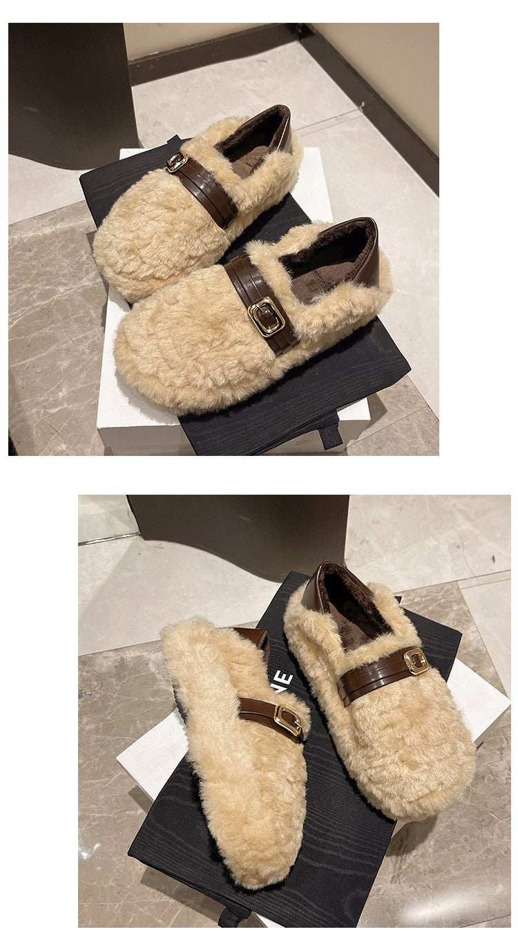 Women Warm Fur Flats Shoes 2025 Autumn Winter Vintage Fashion Shallow Mouth Buckle Ladies Comfort Loafers Shoes Zapatos Mujer