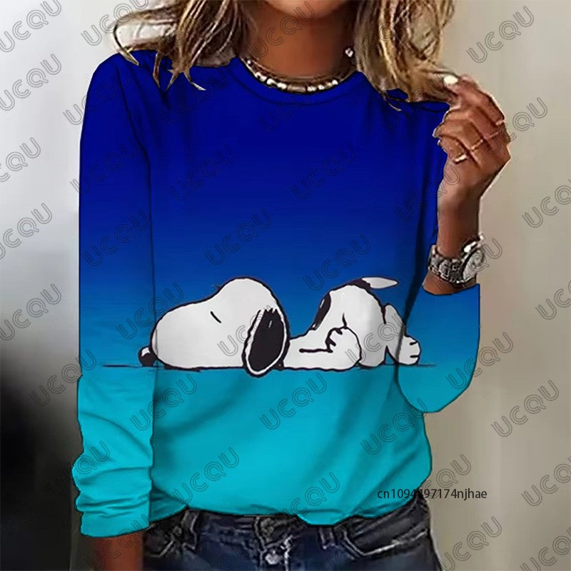 Autumn Winter New Cartoon Snoopy Print Women's Long Sleeve T-shirt Fashion O-neck Tees Casual Sweatshirt Oversize Female Clothes