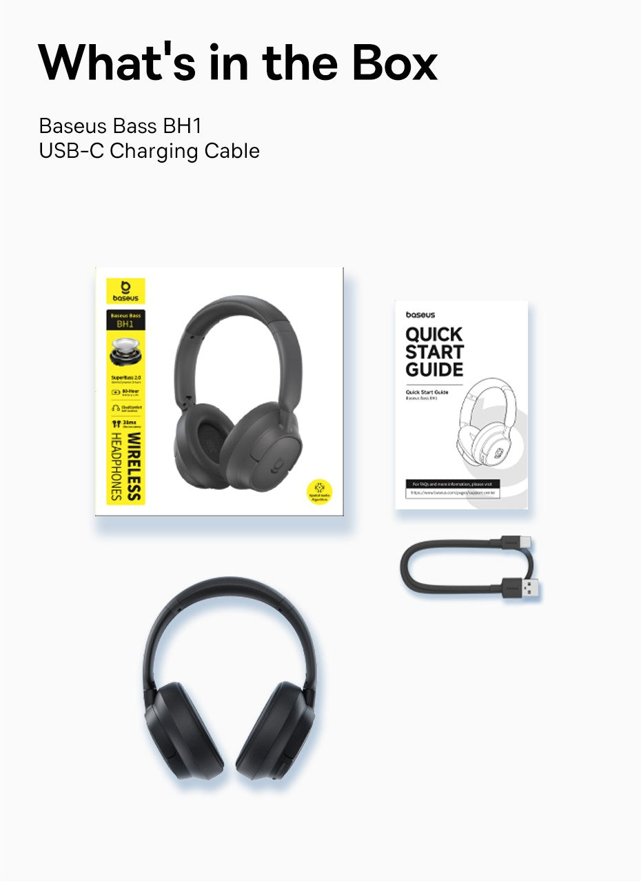 Baseus Bass BH1 Wireless Headphones Bluetooth 6.0 SuperBass 2.0 Over Ear Headset ENC Clear Calls 80hours Playtime Earphones