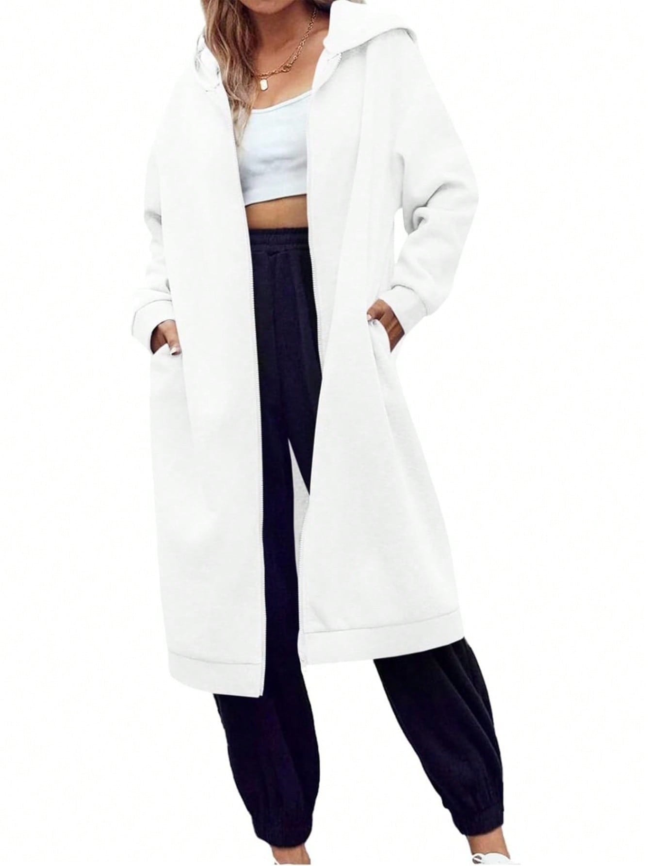 Fisoew lined Winter Coat Women Zip Up Hoodie Warm Long Tunic Sweatshirt With Pockets Outdoor Streetwear Jacket