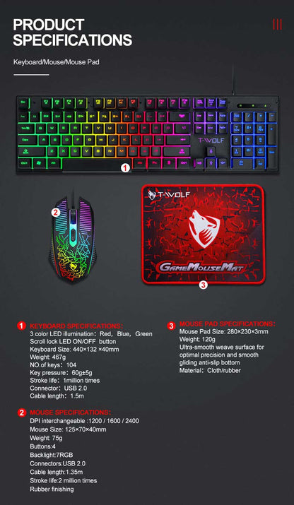 Teclado e Mouse Com Fio TF31 Conjunto Retroiluminado RGB Impermeável Luminoso Teclado de 104 Teclas Mouse com DPI Ajustável e Mouse Pad de Brinde