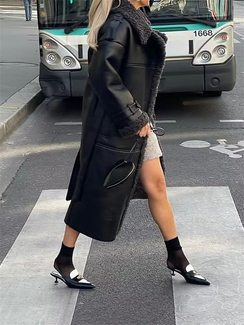 Women's Coat 2025 Autumn New Style Black Long-Sleeve Leather and Fur Integrated Coat with Belt High-End Outerwear Elegant