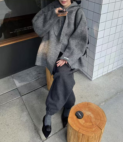 Korean Sle Woolen Coat Women's Chic Temperament Sweet Bow Tie Collar Hooded Warm Woolen Coat Long Sve Mid-Length