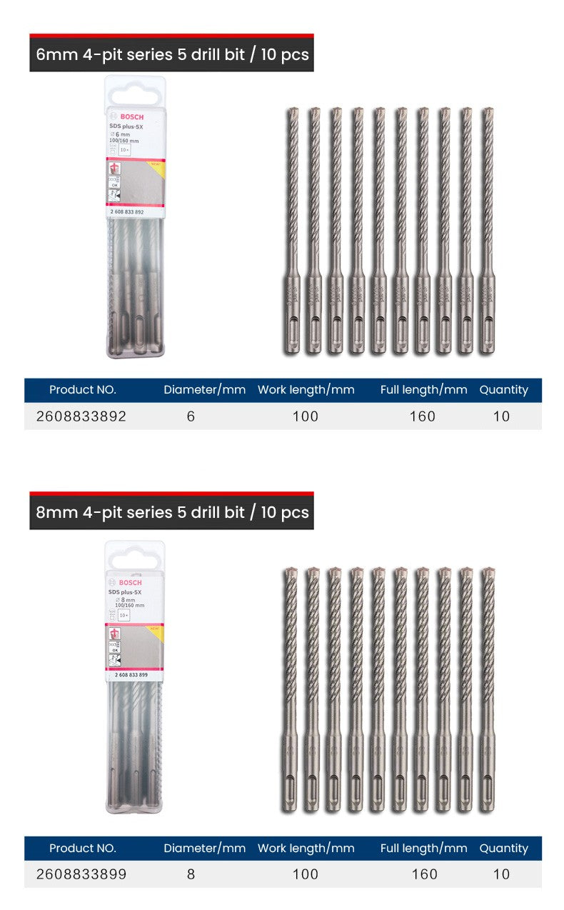 Conjuntos de Brocas Bosch SDS Plus para Martelete para Concreto Diâmetro 6-12mm Cabo Redondo Acessórios para Martelete Perfurador