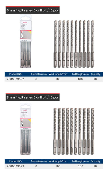 Conjuntos de Brocas Bosch SDS Plus para Martelete para Concreto Diâmetro 6-12mm Cabo Redondo Acessórios para Martelete Perfurador