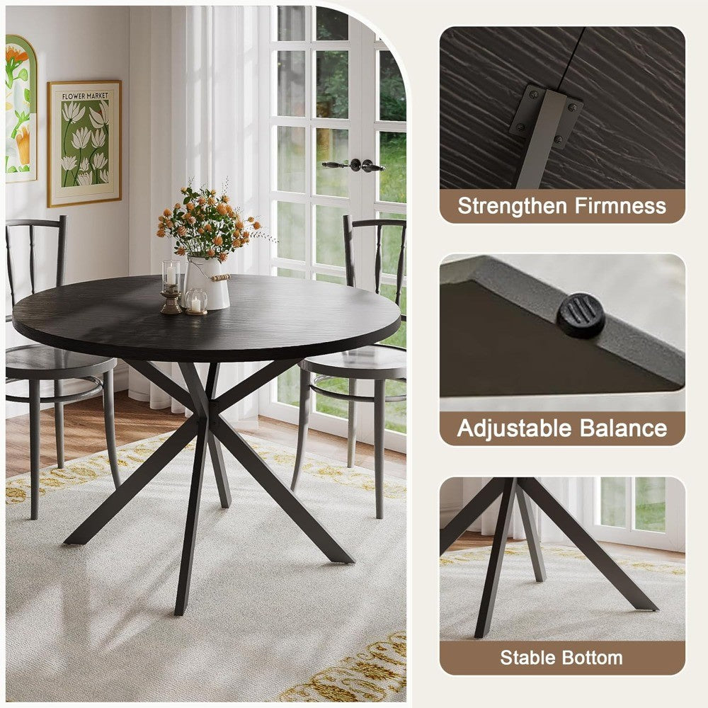 47.2 Inch Round Farmhouse Dining Table, Wooden Kitchen Table for 4, Black Circle Table for Dining Room