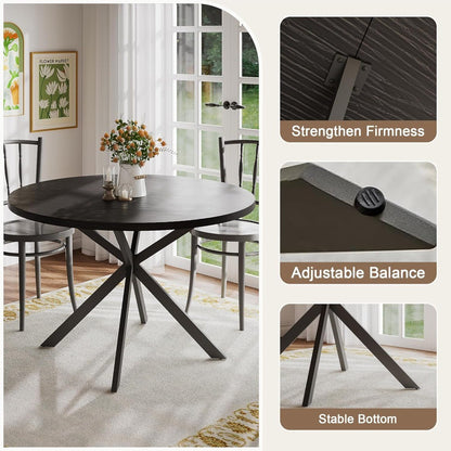 47.2 Inch Round Farmhouse Dining Table, Wooden Kitchen Table for 4, Black Circle Table for Dining Room
