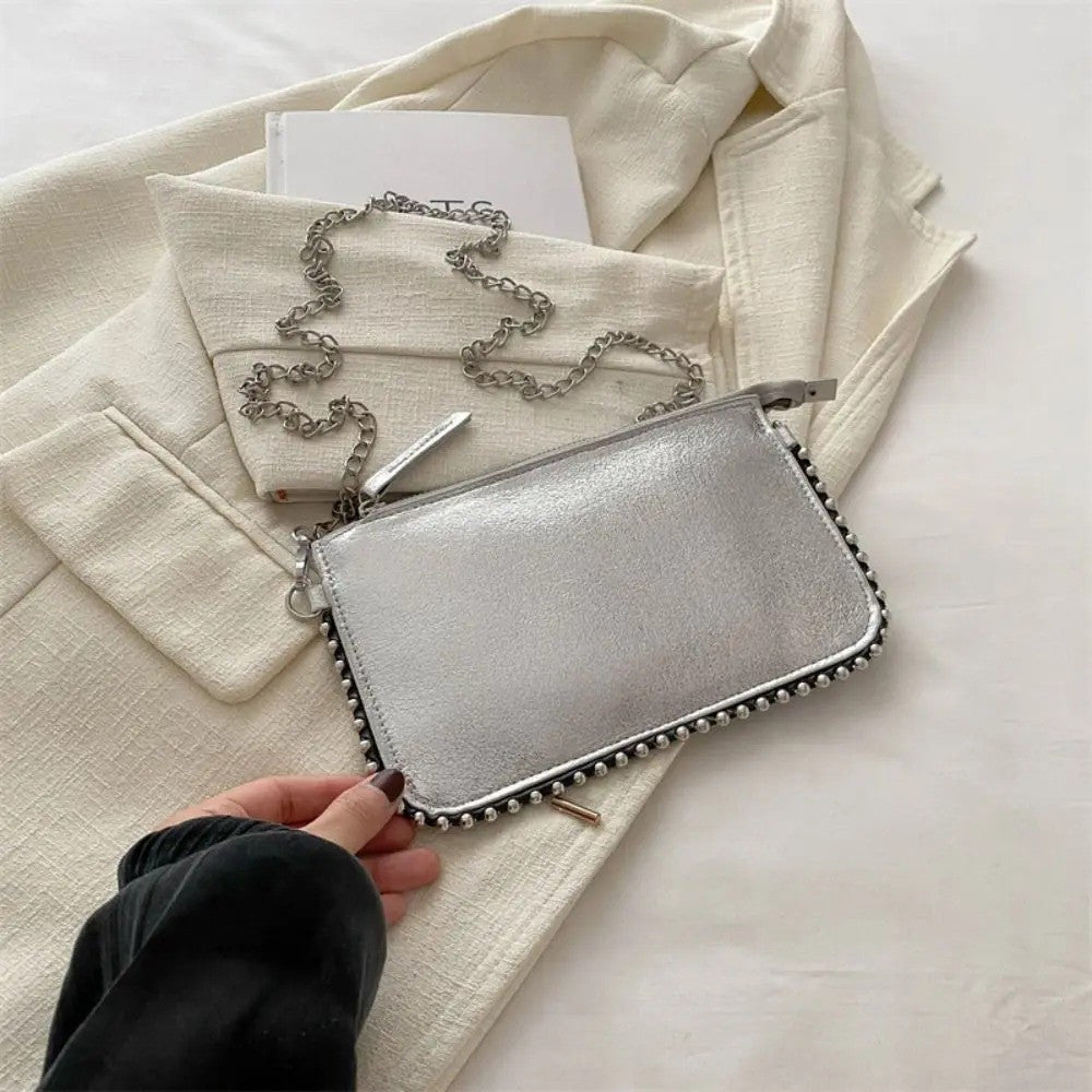 Street Pu Leather Underarm Tote Bag Rivet Korean Style Vintage Shoulder Bag Chain Strap Square Luxury Handbag Outdoor