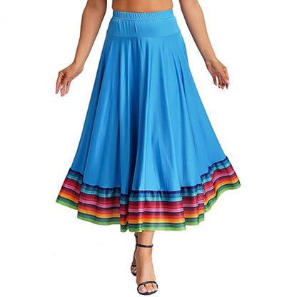 Dance Skirt with Colorful Stripes Colorful Folk Dance Skirt with Elastic Waist Large Swing Hem for Mexican Flamenco for Women