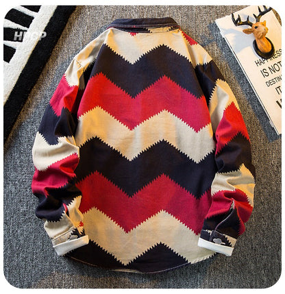 American Retro Diamond Denim Shirt Men Clothing Autumn Polo Neck Trendy High Strret Loose Casual Blouses Cargo Jacket for Men