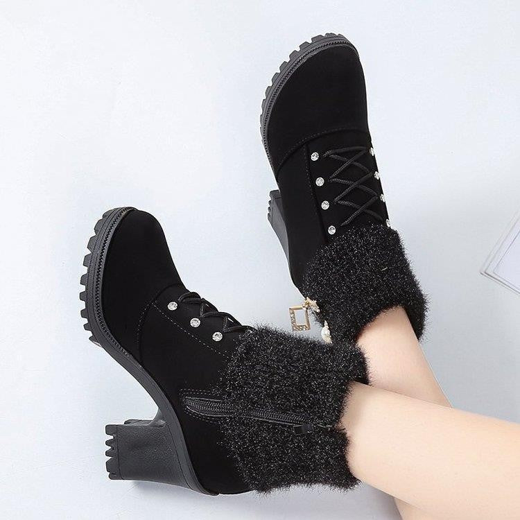 Women's Designer High Heels Shoes 2023 Winter New Warm Non-slip Block Cow Suede Warm Snow Boots Fashion Crystal Plush Goth Botas