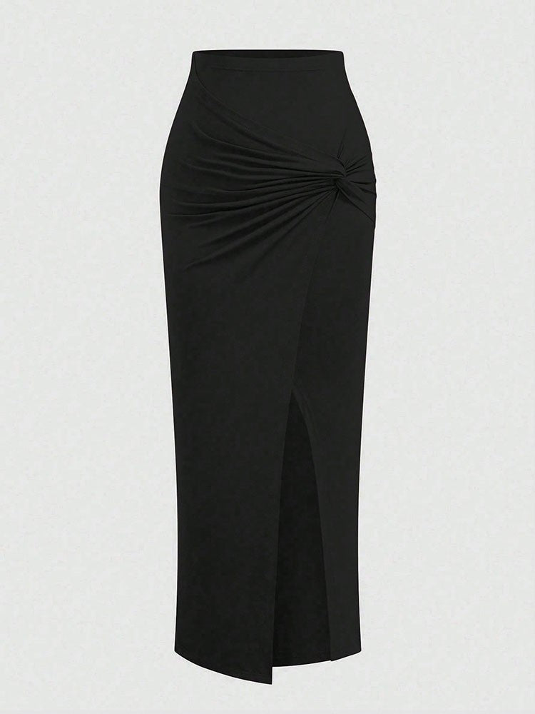 New French High-Waist Retro Knitted Ruched High-Slit Midi Skirt Black Versatile Slim Plus Size Female Clothing Elegant Party