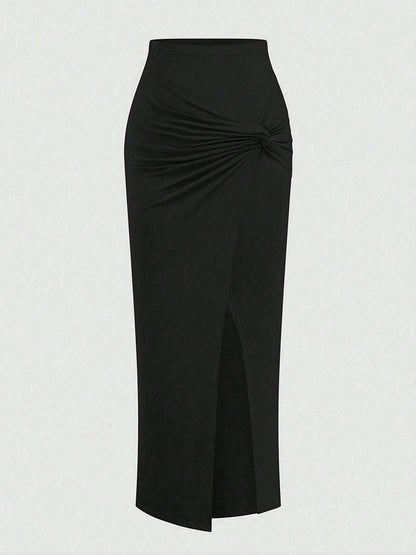 New French High-Waist Retro Knitted Ruched High-Slit Midi Skirt Black Versatile Slim Plus Size Female Clothing Elegant Party