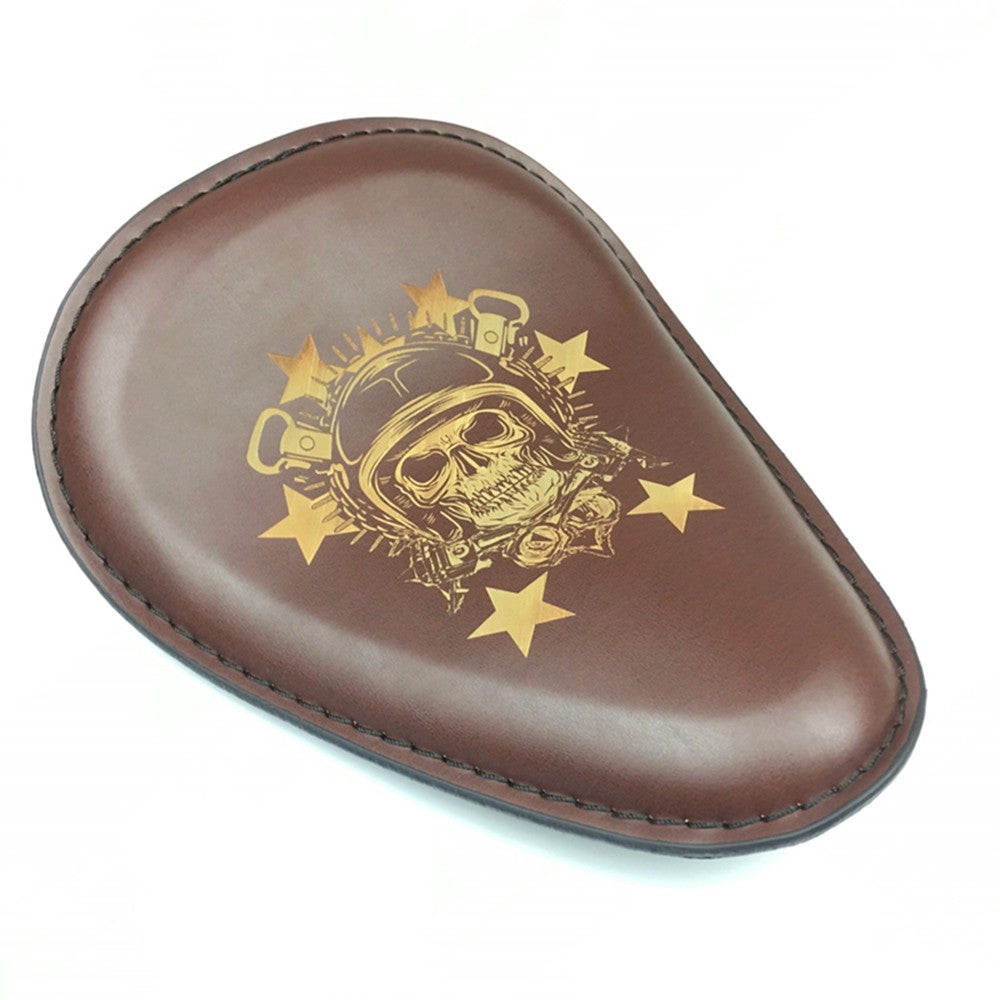 Assento Individual de Couro Retrô Marrom/Preto Caveira para Motocicleta + Suporte de Mola de 3" para Harley Custom Chopper Bobber Assento de Selim de Couro
