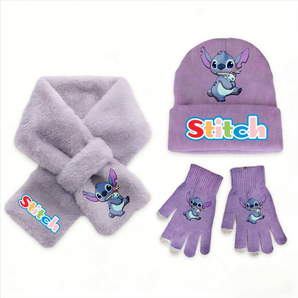 Conjunto de 3 peças de chapéu, cachecol e luvas de malha de inverno Stitch Disney Kawaii quente para meninas Acessórios casuais de moda infantil presente de Natal perfeito