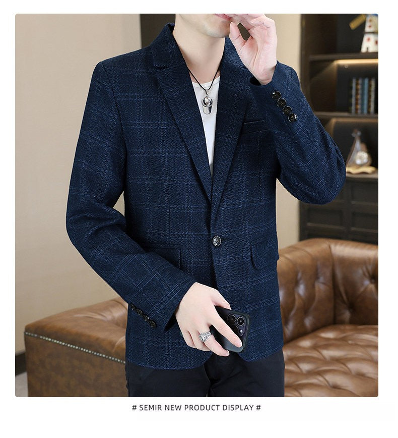 Blazer's New Men's Fashion Outdoor Travel Camping Youth Wedding Hosting Campus Slimming Casual Checkered Korean Version Blazer