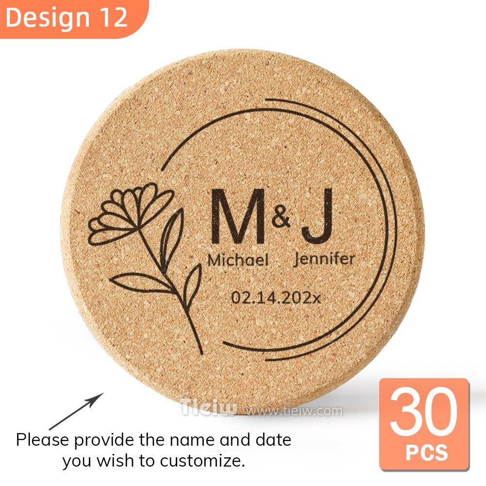 30pcs Personalized Cork Coasters-Tieiw Design-Wedding Favor for Guests Party Bridal Shower Corporate Engraved Coaster Gifts Bulk