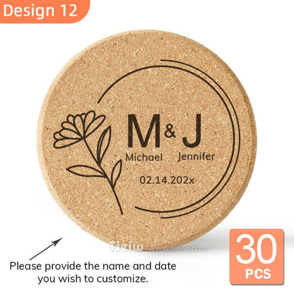30pcs Personalized Cork Coasters-Tieiw Design-Wedding Favor for Guests Party Bridal Shower Corporate Engraved Coaster Gifts Bulk