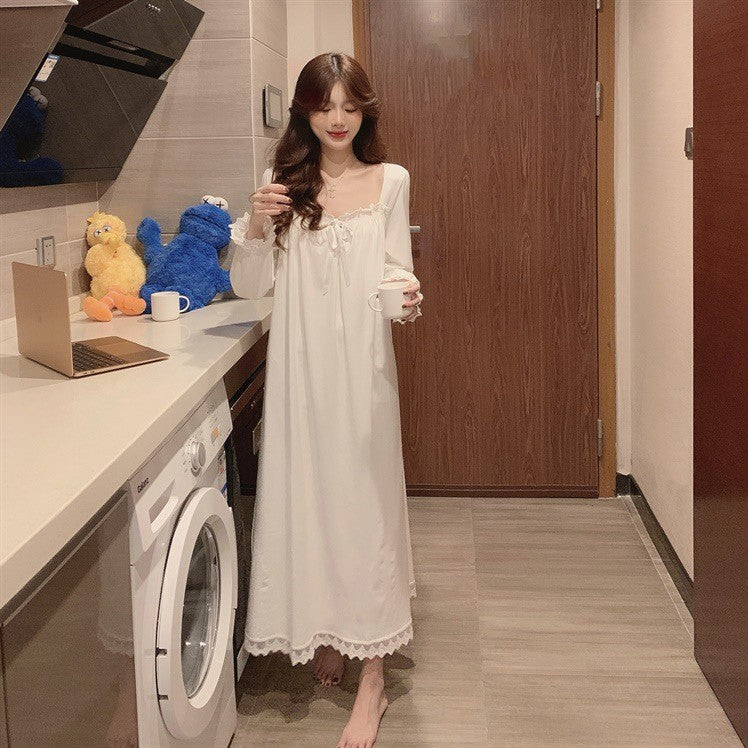 Sweet Princess Style Pajamas Solid Color Fashion Long-Sleeved Soft Home Wear Women's Retro Leisure Dress Lace Ruffled Nightgowns