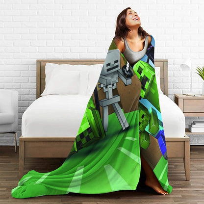 Cartoon Mines Pixel Game Crafts Flannel Blanket Super Warm Throw Blanket for Home Decor Decorative Street Trend Bedspread