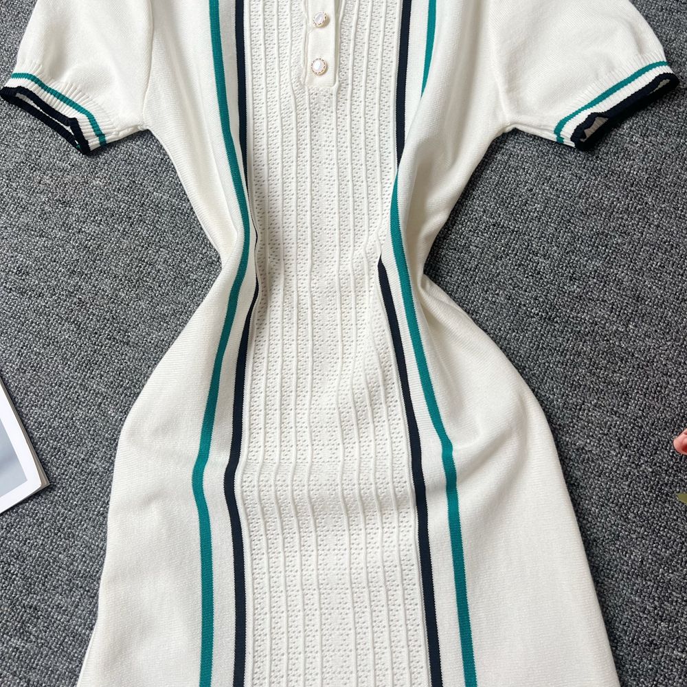 YuooMuoo Women Dress 2025 Summer Vintage Turn-down Collar Knitted Mini Dress Lad