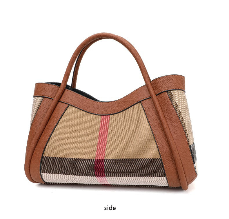 Aidrani  2025 New retro checkered women's handbag, large capacity luxury bag, canvas genuine leather bag