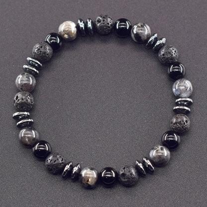 Pulseira Clássica Preta de Contas de Pedra Vulcânica Labradorita Natural, Joia Masculina e Feminina de Proteção Espiritual e Equilíbrio Energético