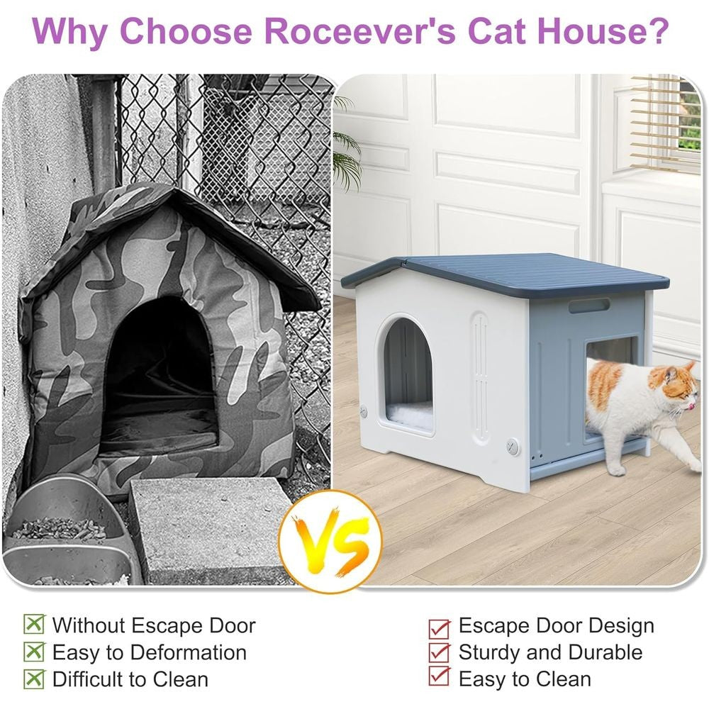 Abrigo para Gatos Cinza à Prova D'Água para Exteriores com Saída de Emergência para Gatos de Rua e Domésticos, Fácil de Montar