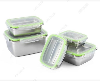 Organizadores de Alimentos de Cozinha em Aço Inoxidável com Tampas, Caixa de Armazenamento Refrigerada, Lancheiras Herméticas Anti-Vazamento