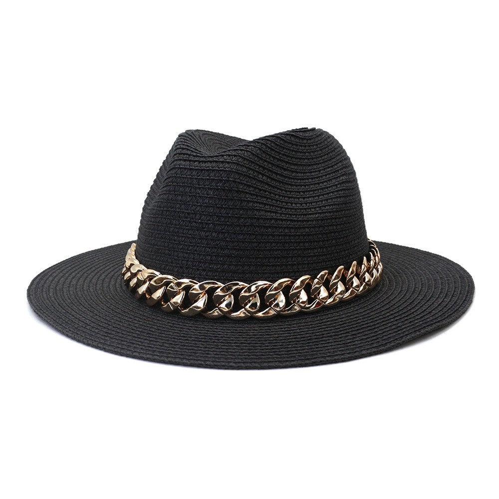Set Straw Hat and Bag Set Gold Chain Bag Hat Set Ladies Leather Bag Tote Church Fedora Party Jazz Straw Hat