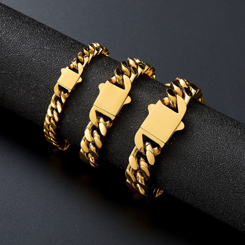 Pulseira Acessório Masculina de Aço Inoxidável 316 Banhada a Ouro 18k, Corrente Cubana Criptografada de 8, 10, 12mm, Estilo Miami Rap Hip Hop